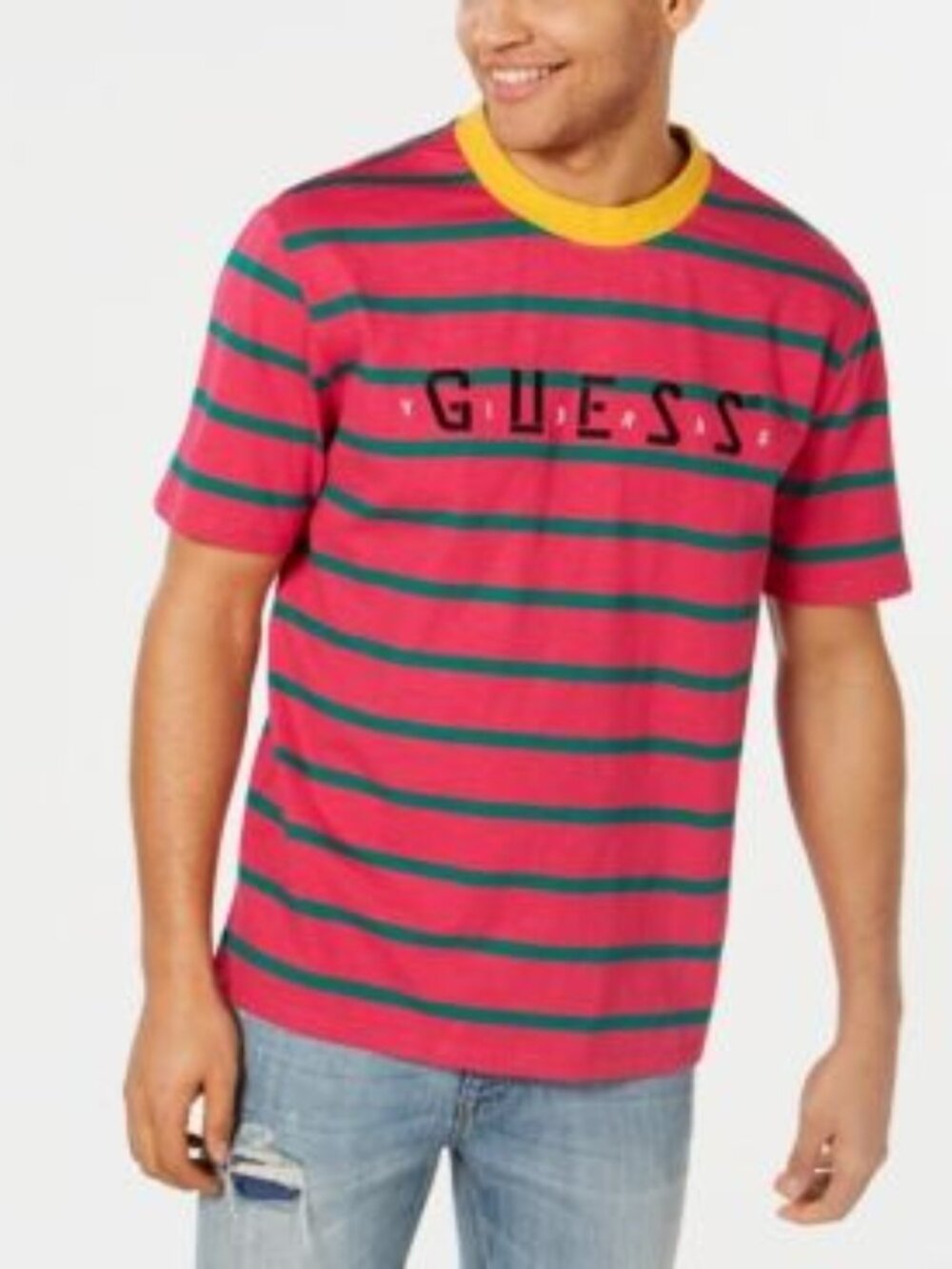 Guess x J Balvin Striped Logo Tee Shirt Vibras Concert Tour Pink Green Size XL